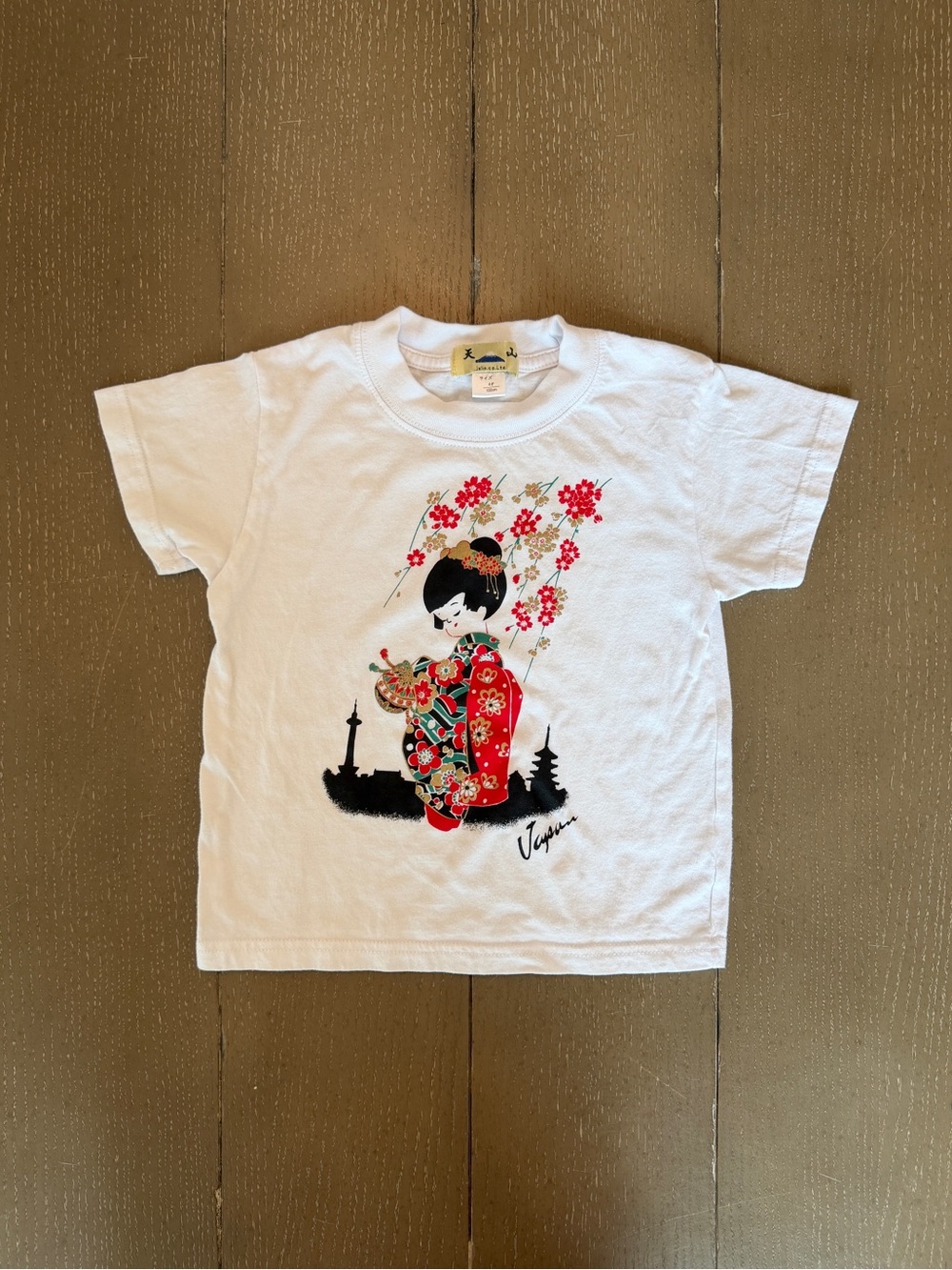 Toddler Girls White Short-Sleeve Japan Souvenir T-Shirt with Geisha Size 3T-4T